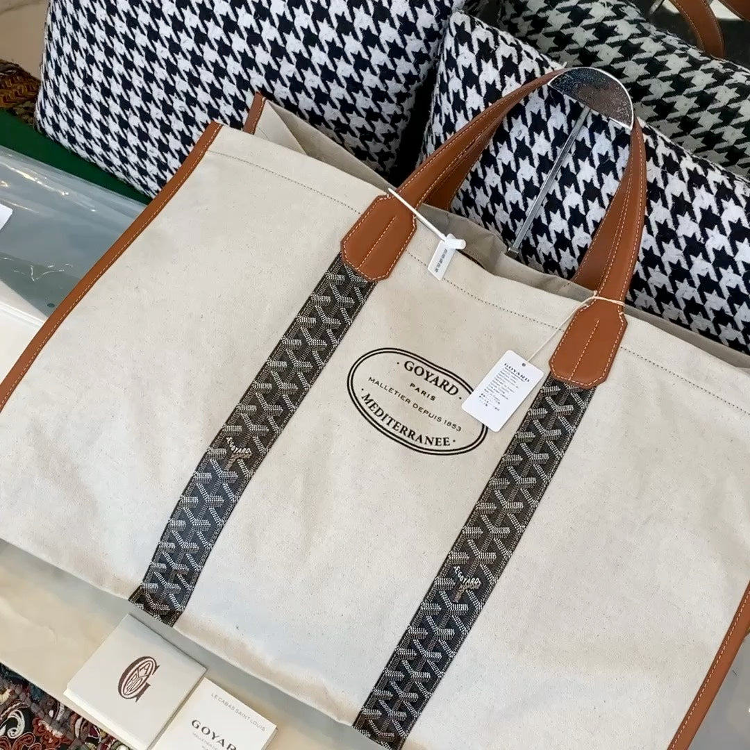 Gogy Large Beige Canvas Tote Bag with Brown Leather Handles and Chevron Trim