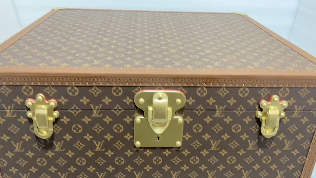 Luxury Brown Monogram Storage Trunk with Gold Brass Latches