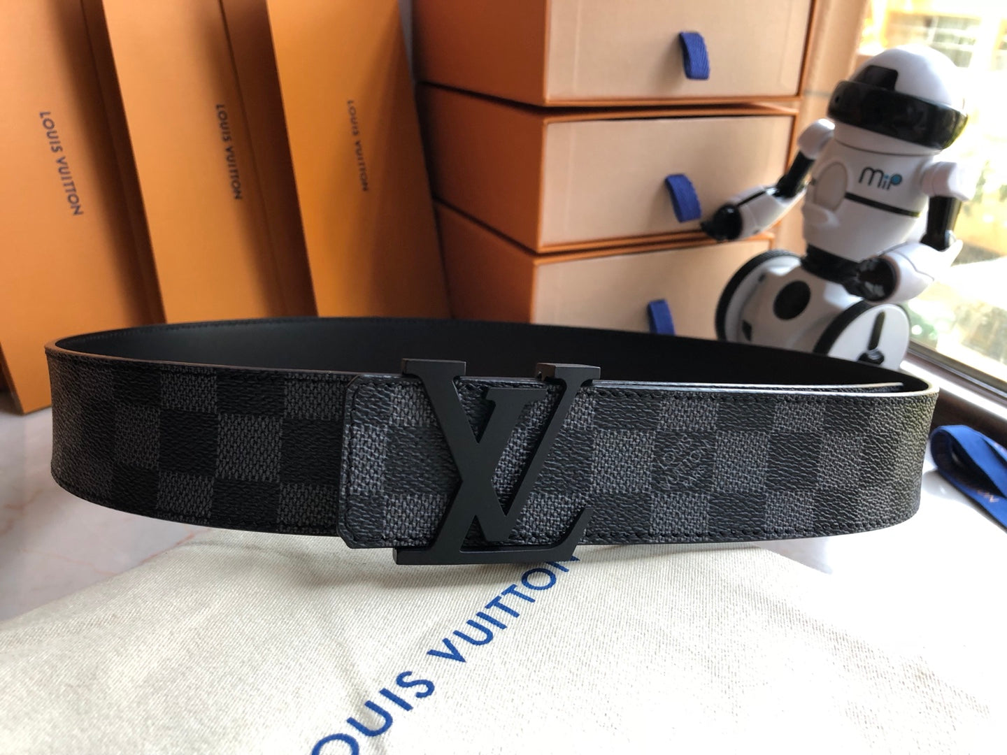 Louis Vuitton LV Initiales 40mm Reversible Belt, Damier Graphite Canvas &amp; Black Leather, Matte Black Buckle