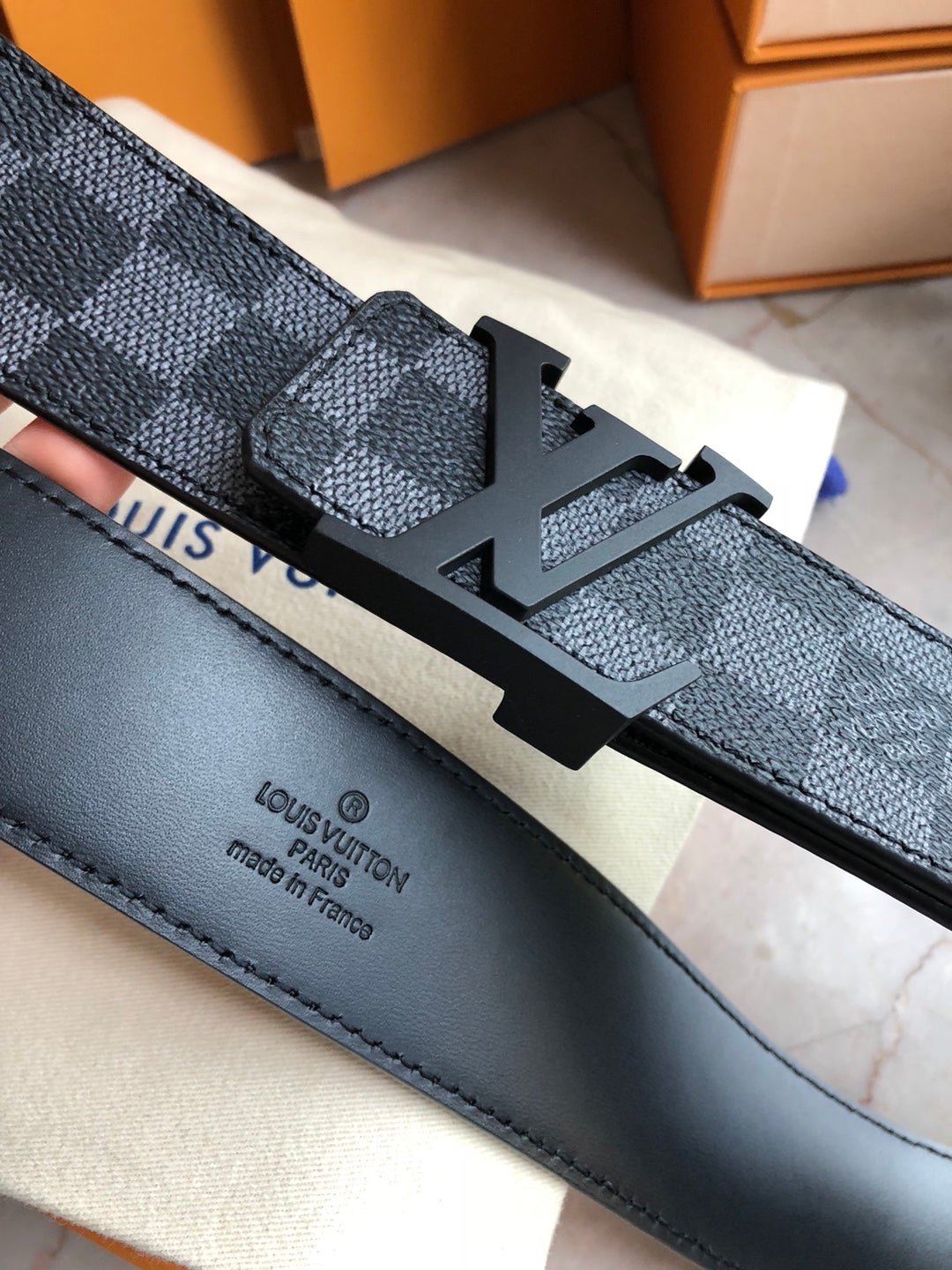 Louis Vuitton LV Initiales 40mm Reversible Belt, Damier Graphite Canvas &amp; Black Leather, Matte Black Buckle