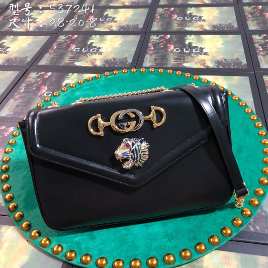 Gucci Black Leather Envelope Shoulder Bag with Tiger Head and Gold Hardware