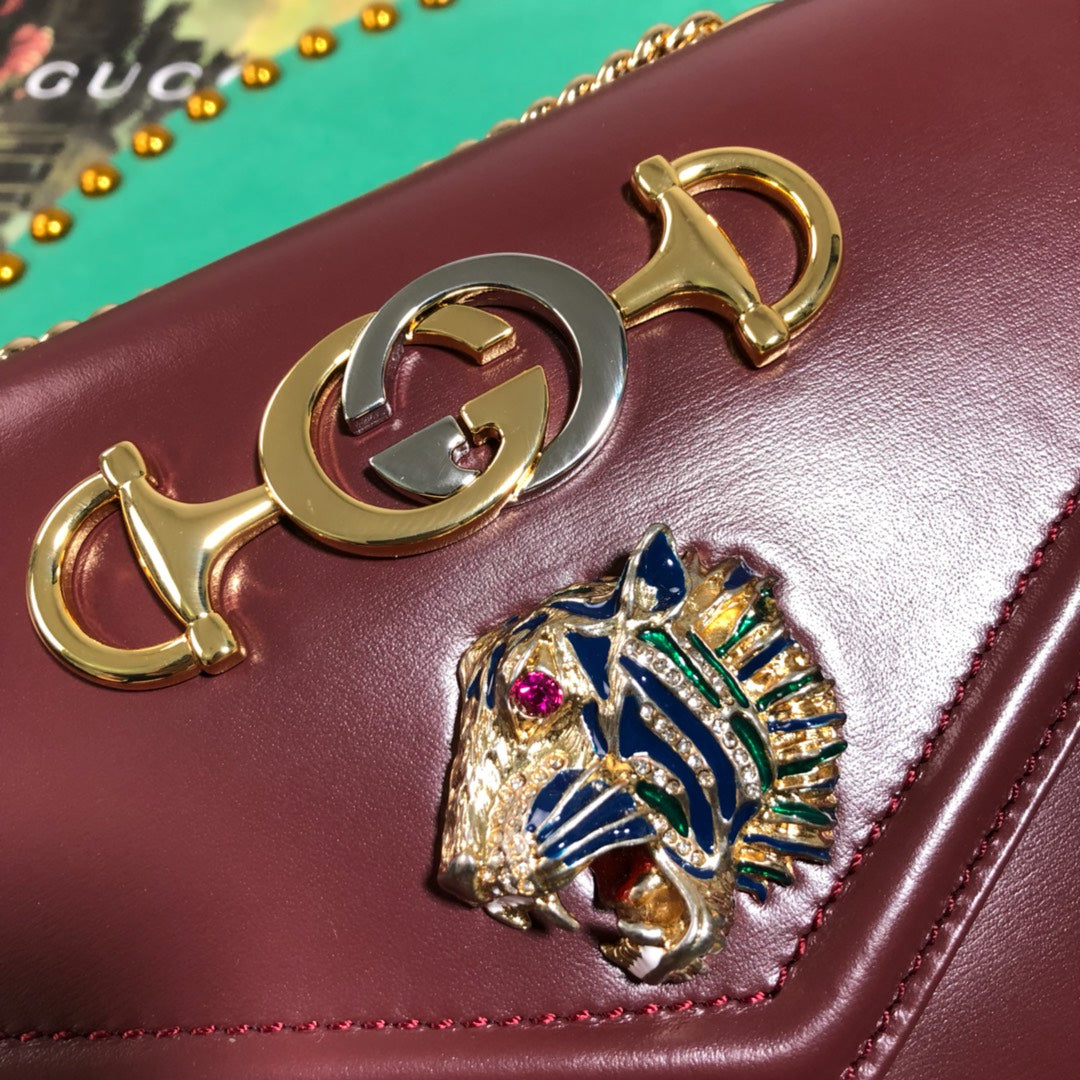 Gucci Burgundy Envelope Leather Shoulder Bag with Tiger Head Emblem