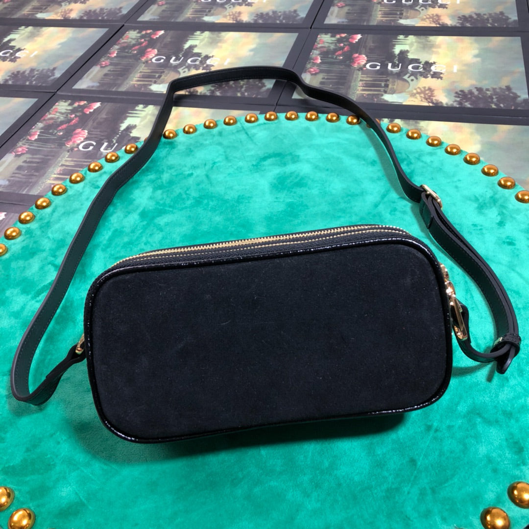 Gucci Black Canvas Crossbody Bag with Web Stripe and Gold Emblem