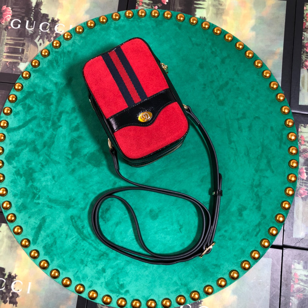 Gucci Vintage Red Suede Mini Crossbody Shoulder Bag with Web Stripe