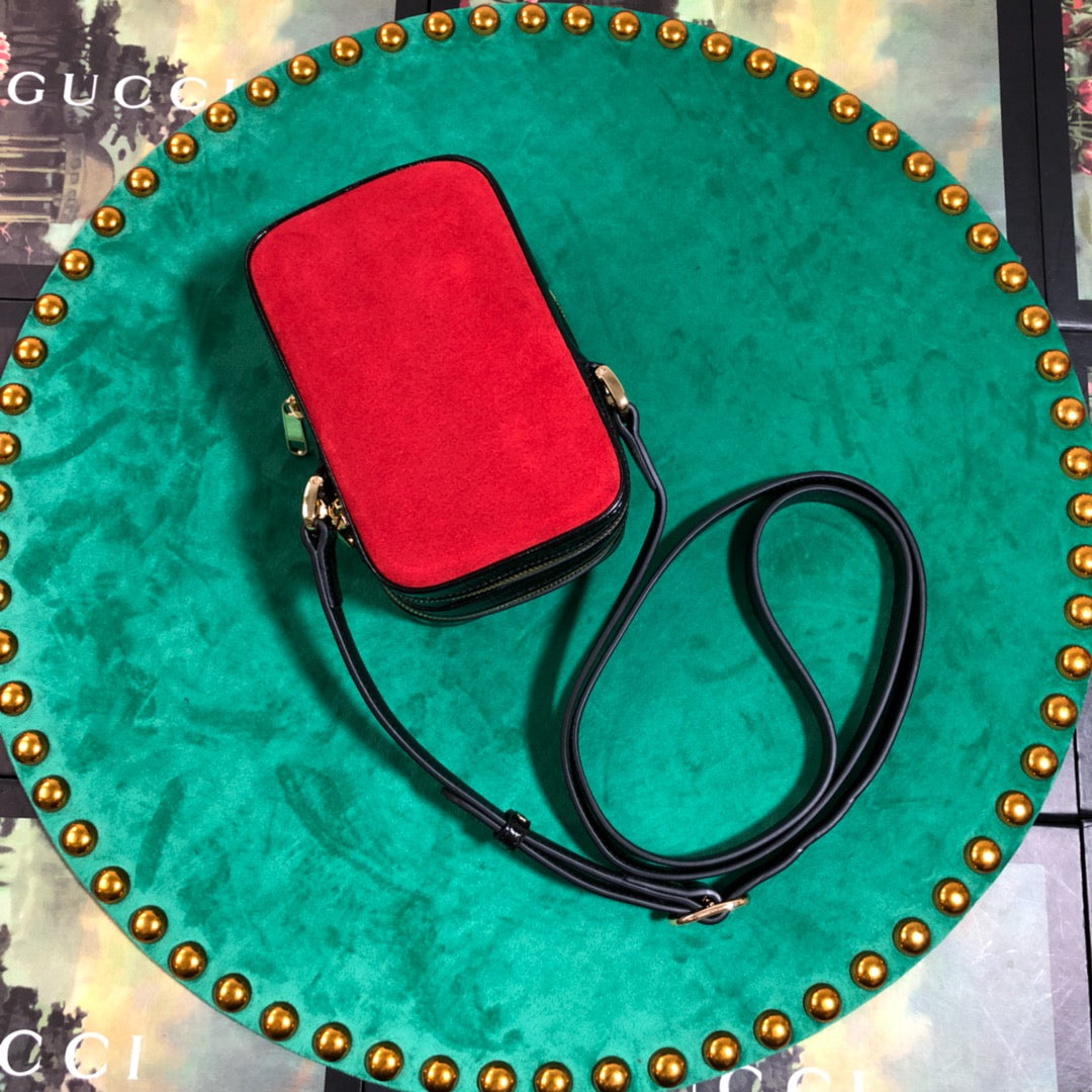 Red Suede and Black Leather Mini Shoulder Bag with Web Stripe and Logo