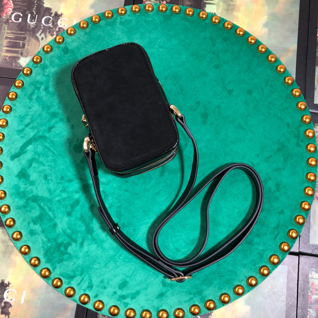 Small Black Suede Crossbody Bag with Web Stripe and Gold Logo Emblem
