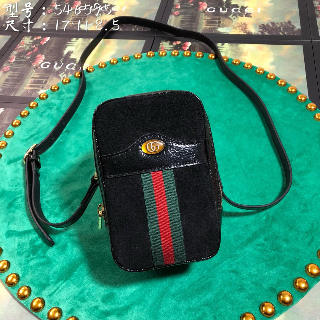 Gucci Retro Black Suede Crossbody Phone Bag with Red and Green Stripe