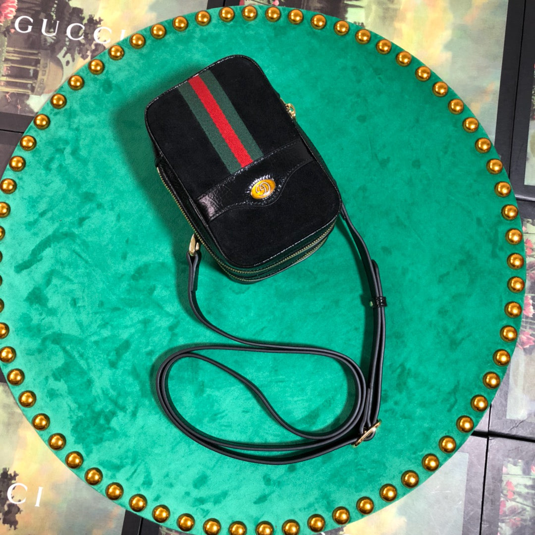 Gucci Retro Black Suede Crossbody Phone Bag with Red and Green Stripe