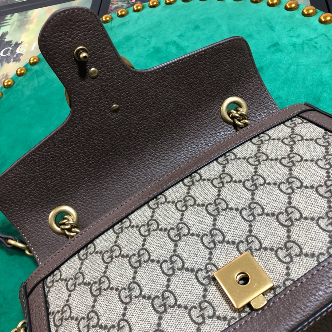Gucci Vintage Monogram Flap Shoulder Bag with Gold Chain and Brown Leather Trim