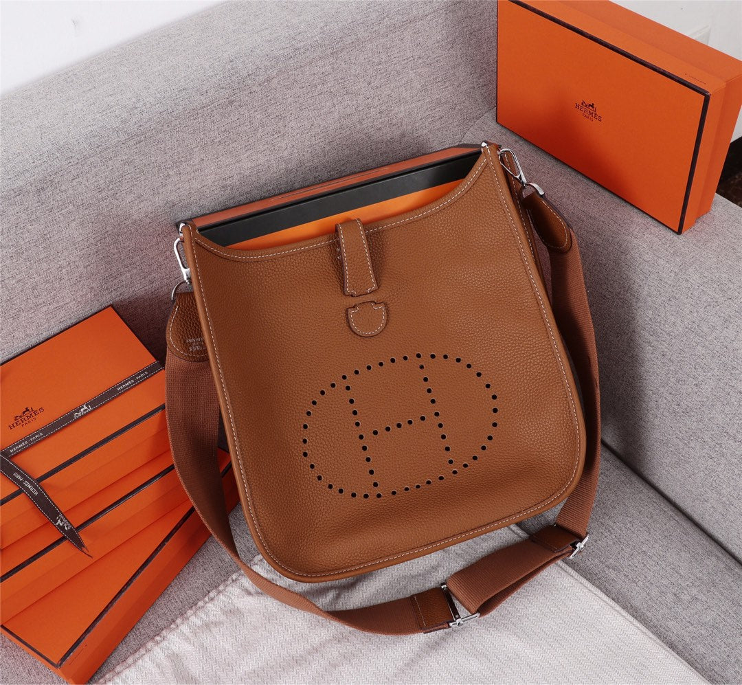 Luxury Brown Leather Messenger Bag - Classic Crossbody with Perforated H Logo