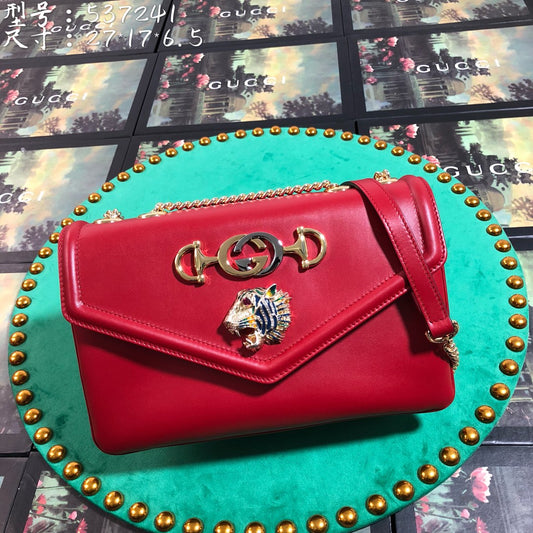 Gucci Luxury Red Leather Envelope Shoulder Bag with Gold Tiger Head Hardware