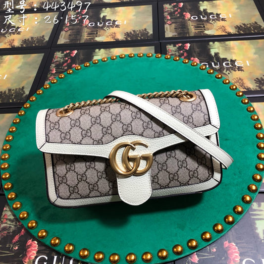 Gucci GG Marmont Small Shoulder Bag in GG Supreme Canvas with White Leather Trim