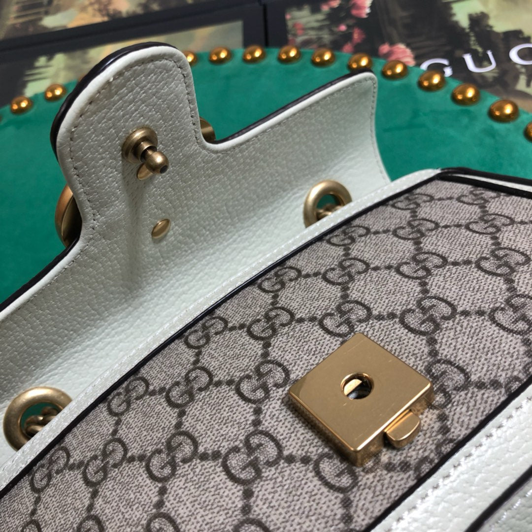 Gucci GG Marmont Small Shoulder Bag - GG Supreme Canvas with White Leather Trim