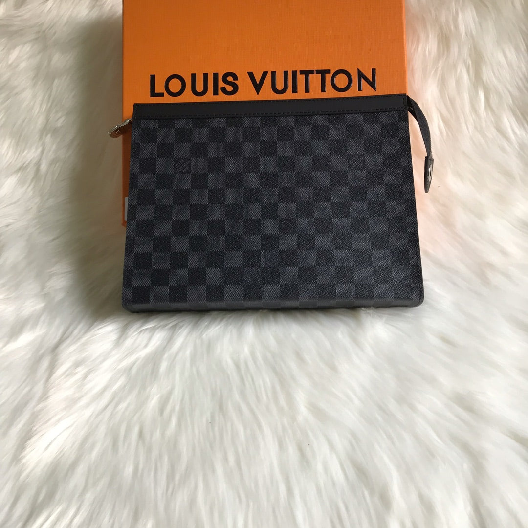 Louis Vuitton Classic Checkerboard Pattern Dark Grey Zippered Clutch Pouch