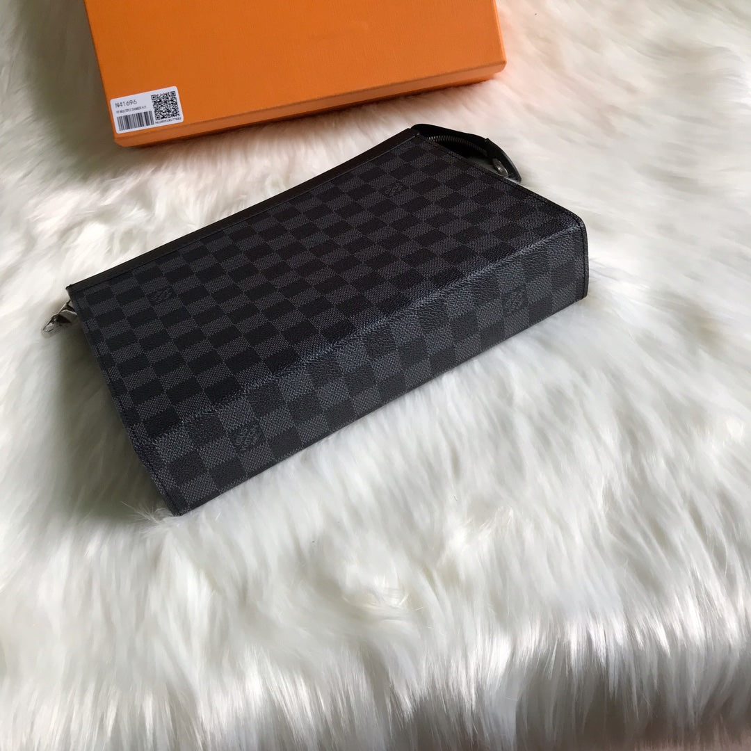 Louis Vuitton Classic Checkerboard Pattern Dark Grey Zippered Clutch Pouch