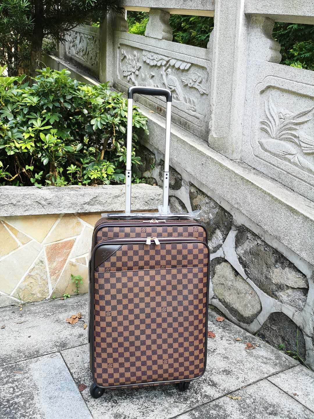Brown Checkered Pattern Rolling Luggage Set 2-Piece Travel Suitcases