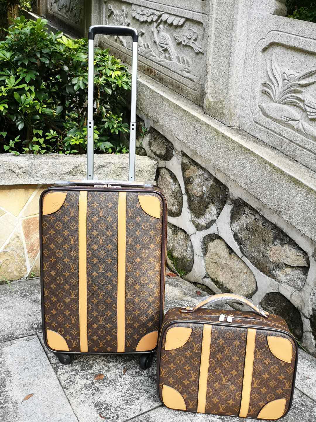 Vintage Brown Monogram 2-Piece Travel Luggage and Suitcase Set