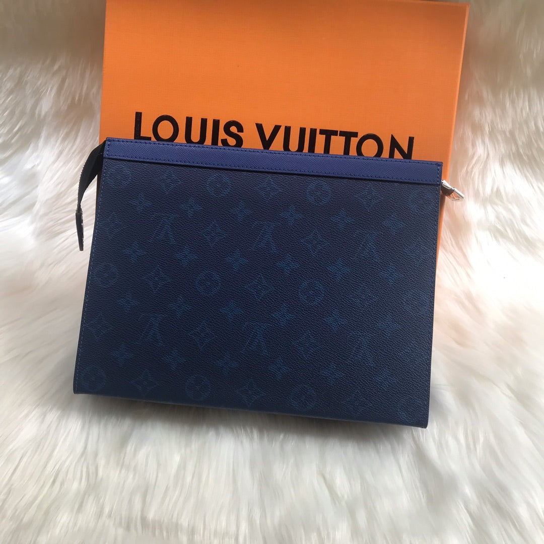 Louis Vuitton Navy Blue Monogram Embossed Leather Zippered Clutch Pouch