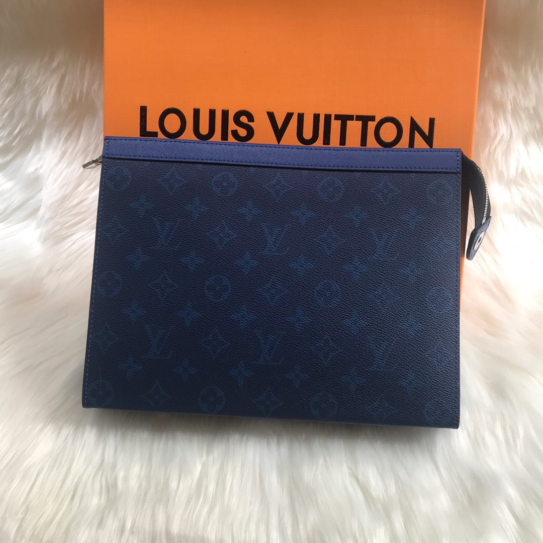Louis Vuitton Navy Blue Monogram Embossed Leather Zippered Clutch Pouch