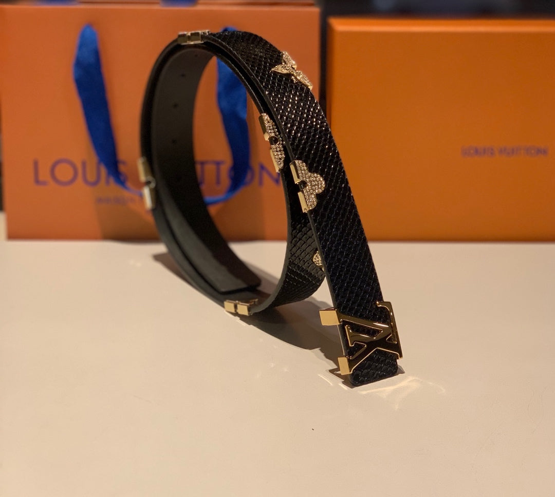 Luxury Designer Black Textured Leather Belt with Gold LV Initial Buckle and Floral Monogram Embellishments