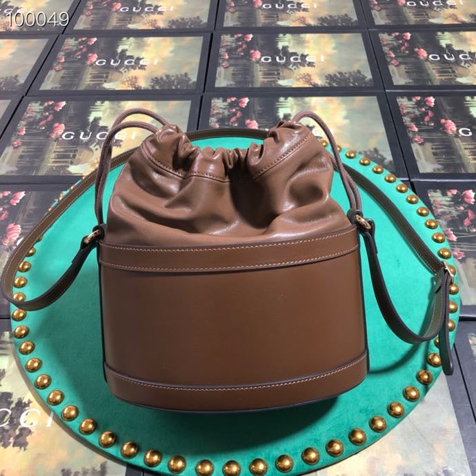 Brown Leather Horsebit 1955 Small Bucket Bag with Drawstring Closure