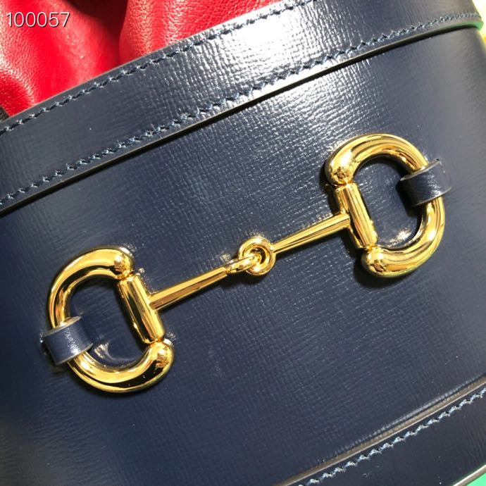 Gucci Navy Blue and Red Leather Drawstring Bucket Bag with Horsebit Detail