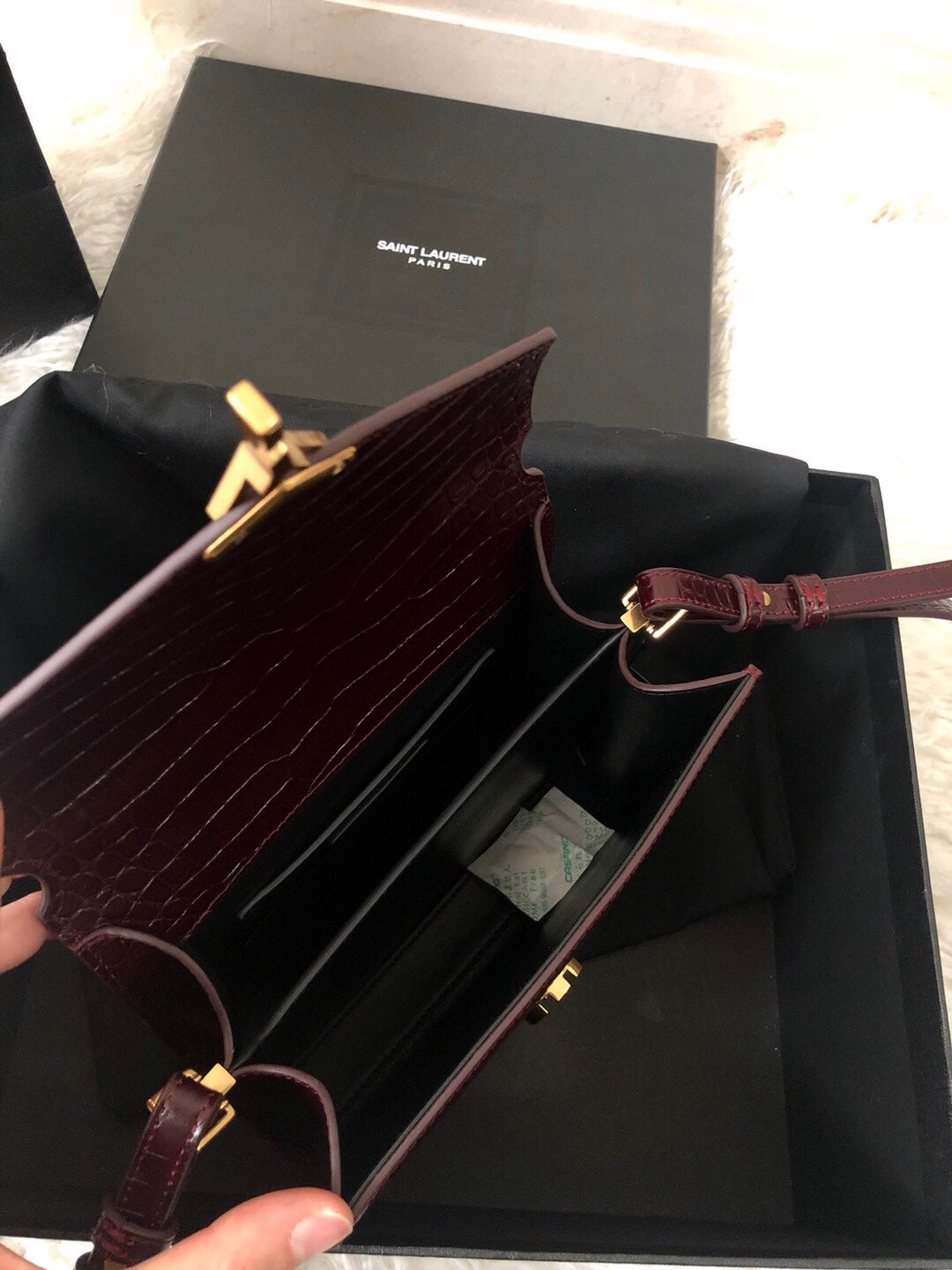 Saint Laurent Cassandra Mini Top Handle Bag - Burgundy Crocodile-Embossed Leather