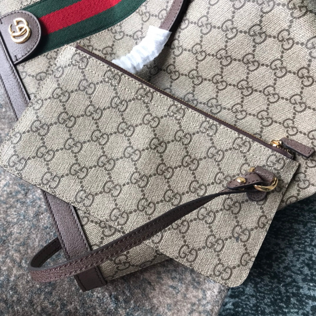 Gucci Classic Monogram Canvas Tote Bag with Red and Green Web Stripe