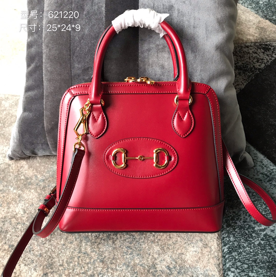Gucci Classic Red Leather Top Handle Handbag with Gold Horsebit Hardware