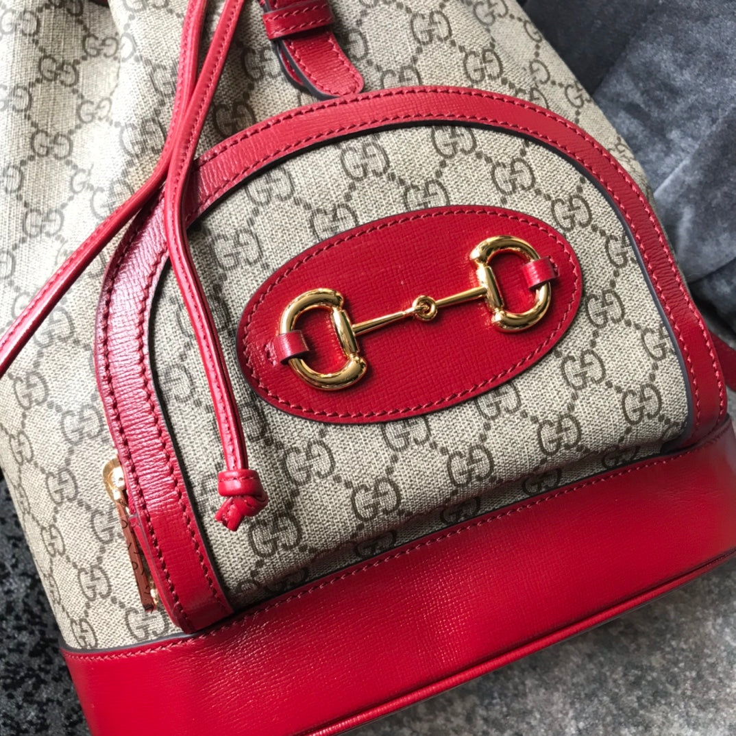 Gucci Horsebit 1955 Backpack GG Supreme Canvas with Red Leather Trim
