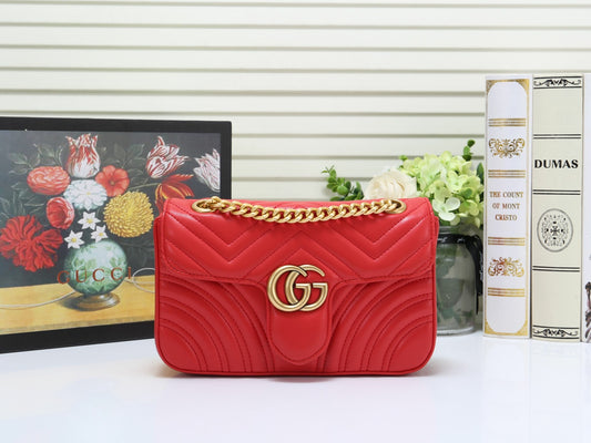 Gucci Red Quilted Chevron Leather Crossbody Bag with Gold Chain