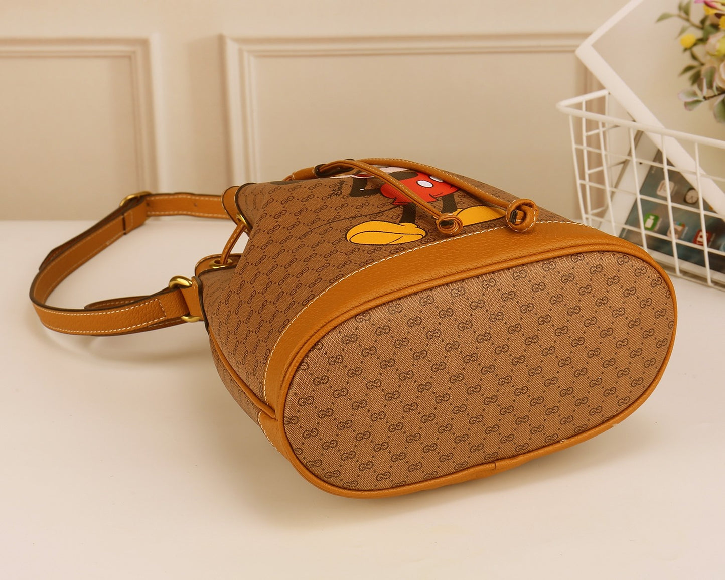 Gucci Vintage Cartoon Mouse Print Monogram Drawstring Shoulder Bucket Bag