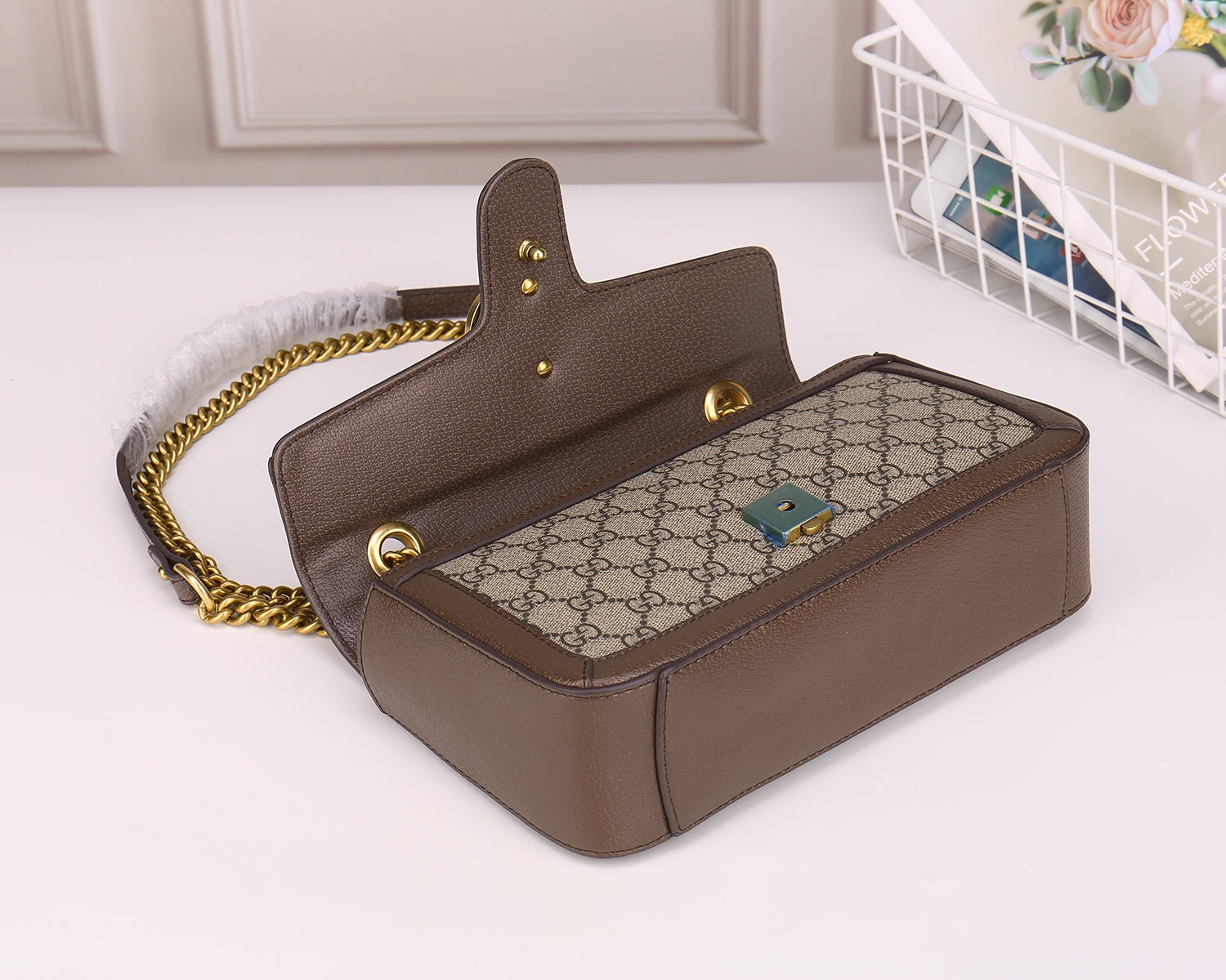 Gucci Classic Monogram Canvas Flap Shoulder Bag with Gold Chain