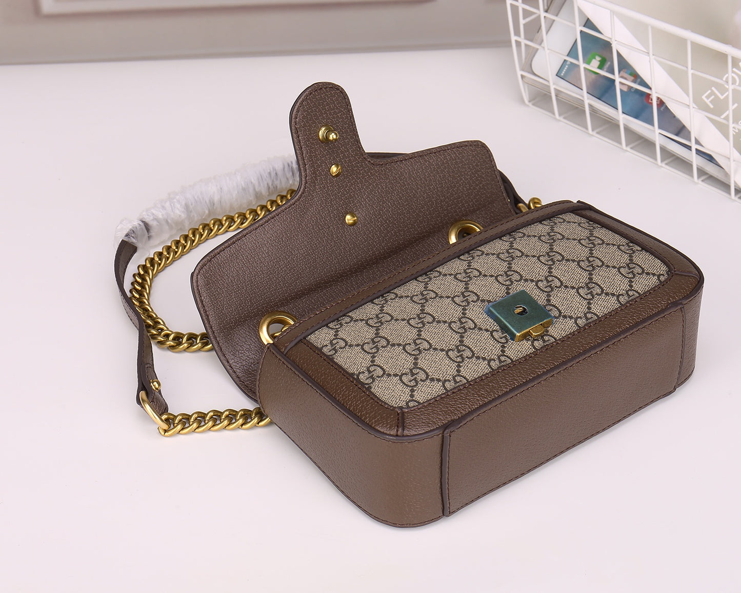 Gucci Classic Monogram Flap Shoulder Bag with Gold Chain and Leather Trim