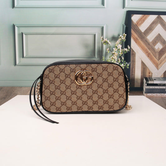 Gucci Classic Monogram Canvas Crossbody Camera Bag with Gold Chain Strap