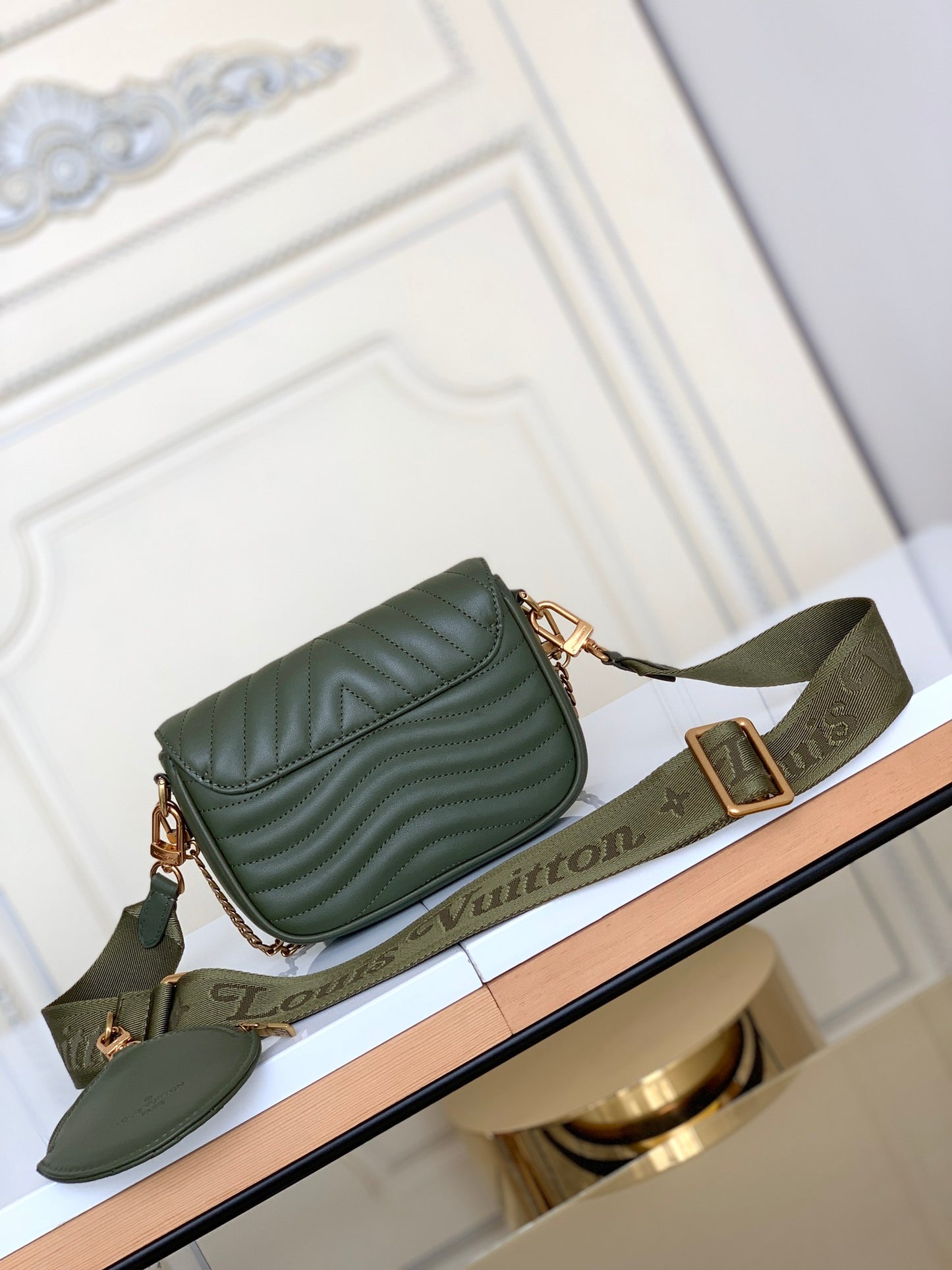 Louis Vuitton Chevron Quilted Olive Green Crossbody Shoulder Bag with Round Pouch