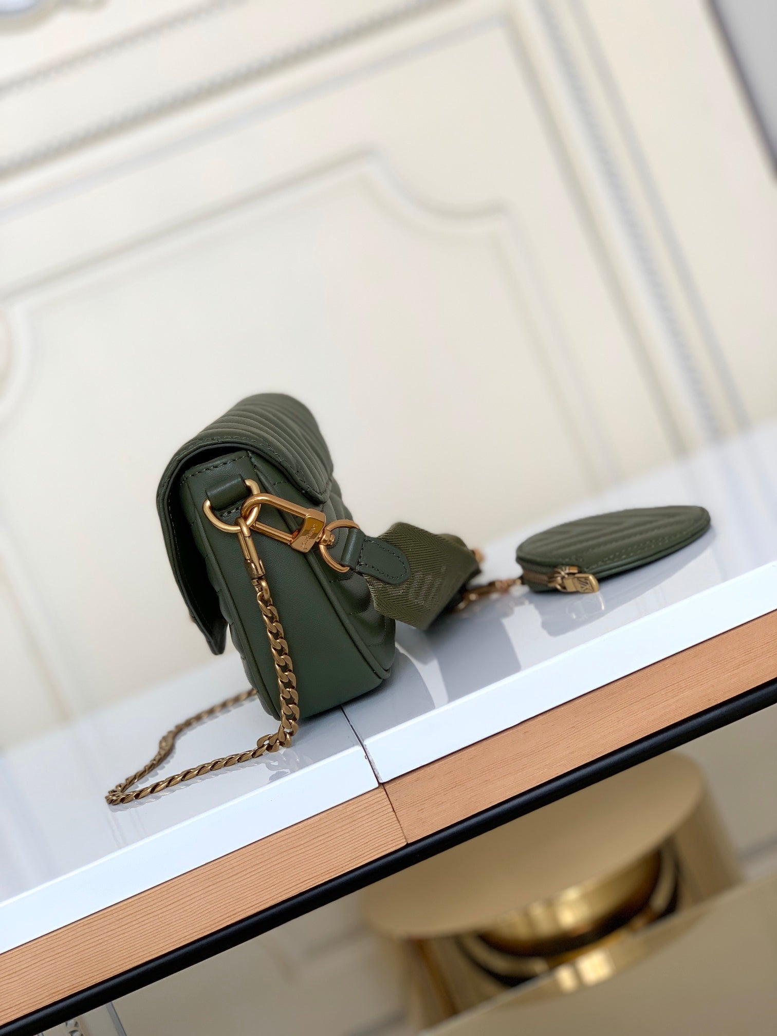 Louis Vuitton Chevron Quilted Olive Green Crossbody Shoulder Bag with Round Pouch