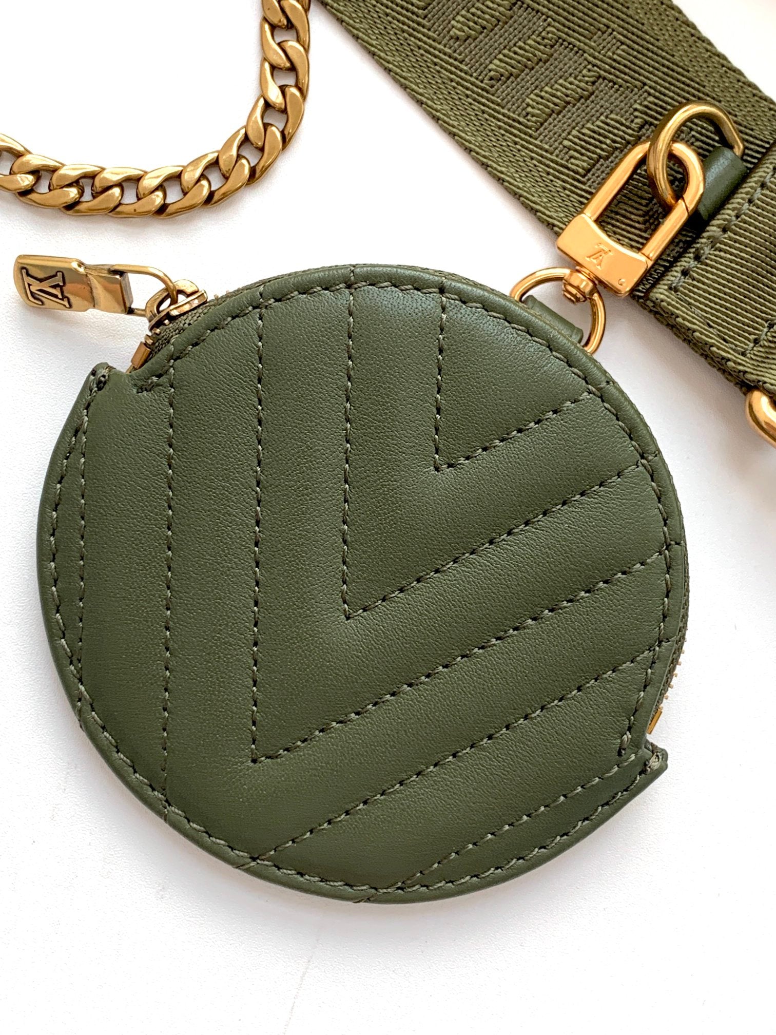 Louis Vuitton Chevron Quilted Olive Green Crossbody Shoulder Bag with Round Pouch