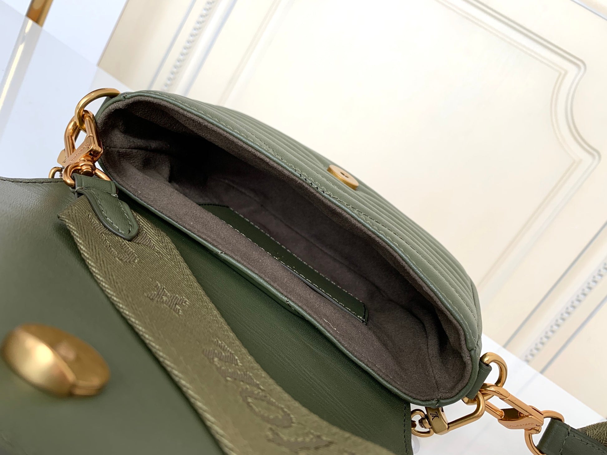 Louis Vuitton Chevron Quilted Olive Green Crossbody Shoulder Bag with Round Pouch