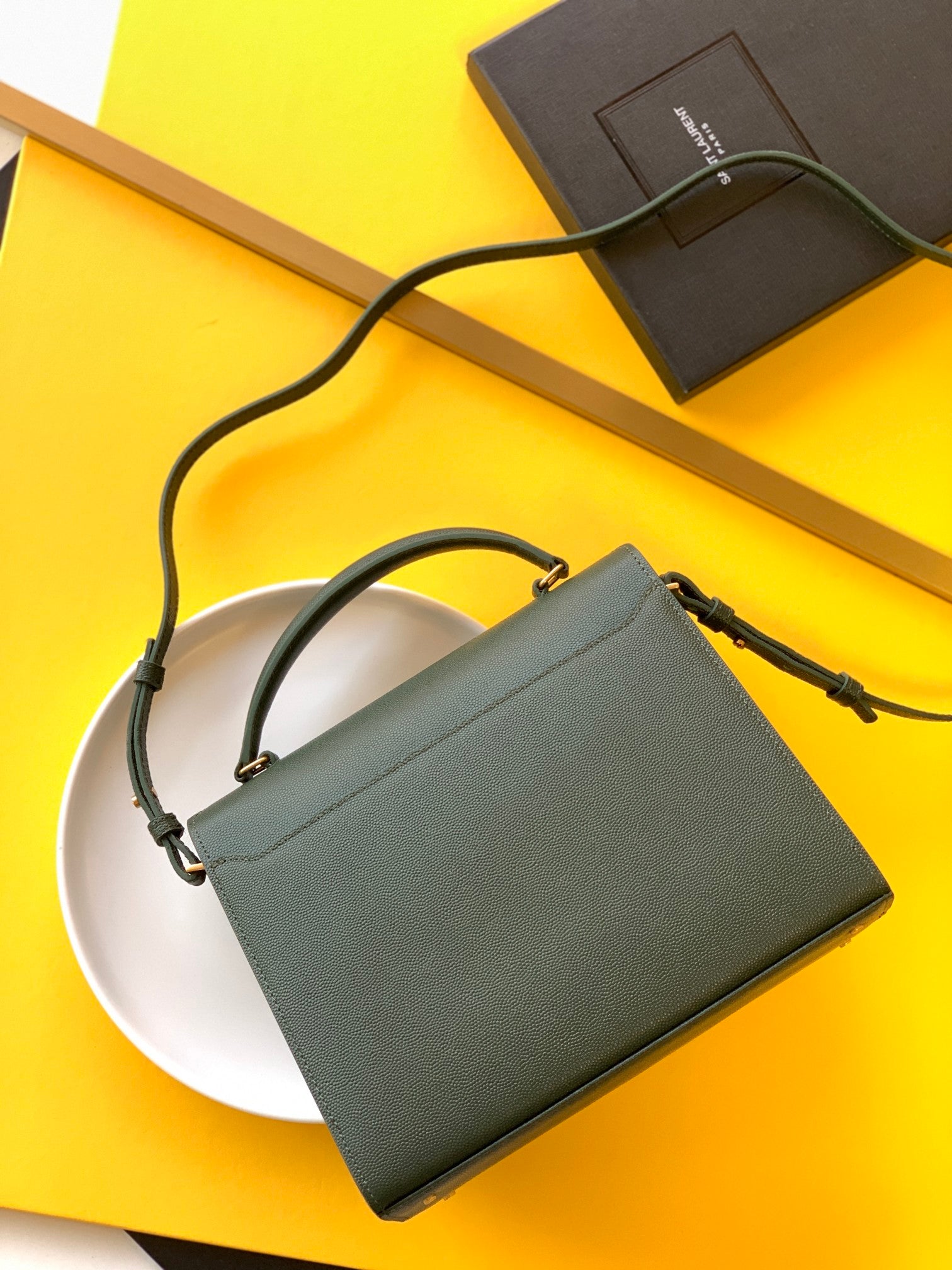 Saint Laurent Cassandra Top Handle Bag in Dark Green Grain de Poudre Embossed Leather - Gold Hardware