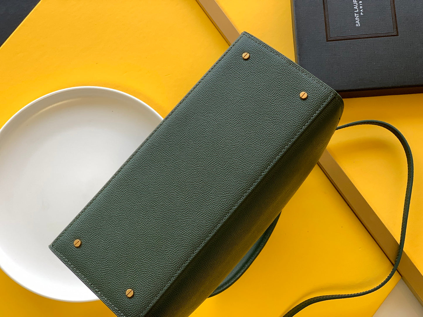 Saint Laurent Cassandra Top Handle Bag in Dark Green Grain de Poudre Embossed Leather - Gold Hardware