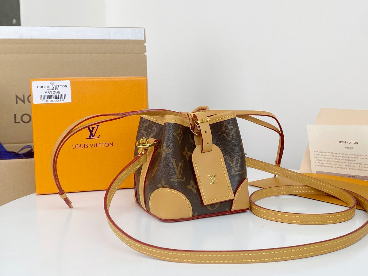 Louis Vuitton Vintage Brown Monogram Mini Bucket Bag with Tan Leather Trim