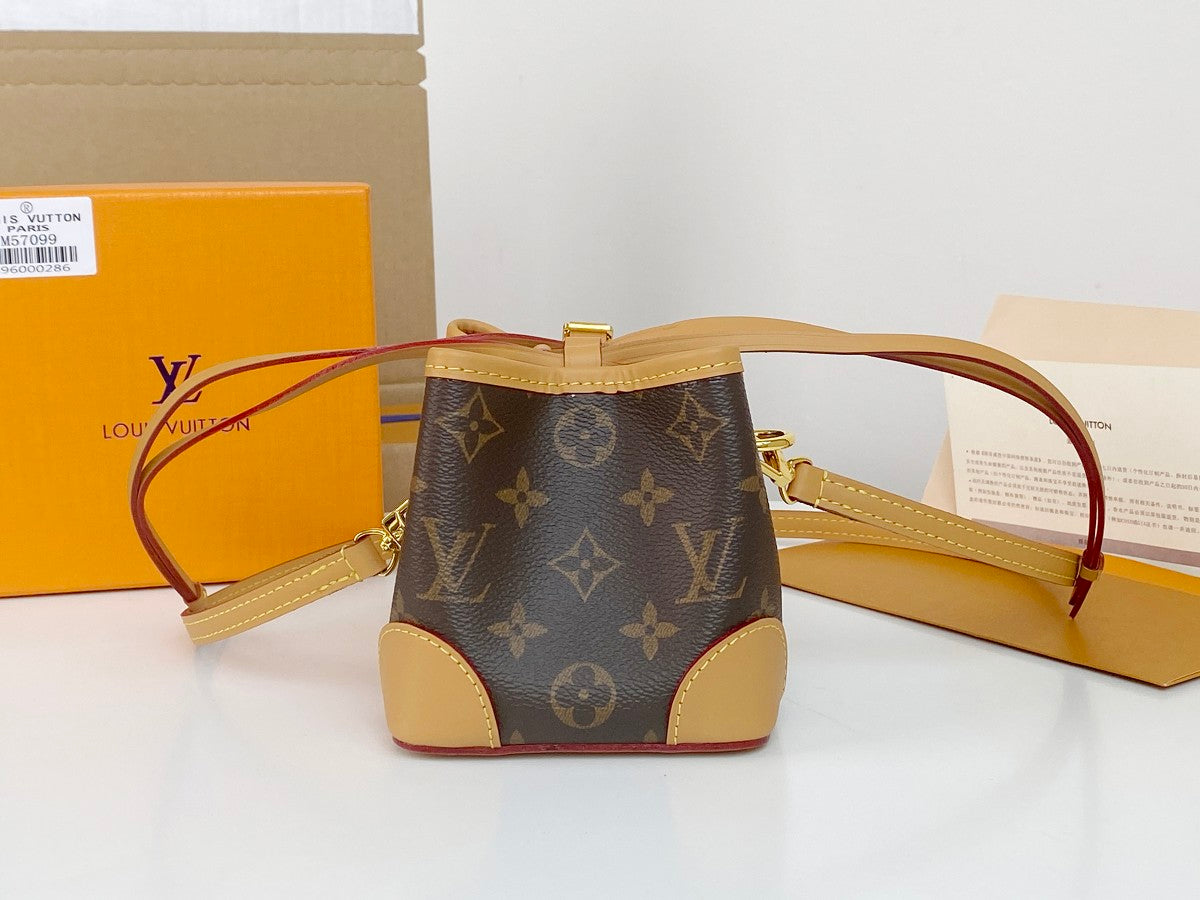 Louis Vuitton Vintage Brown Monogram Mini Bucket Bag with Tan Leather Trim