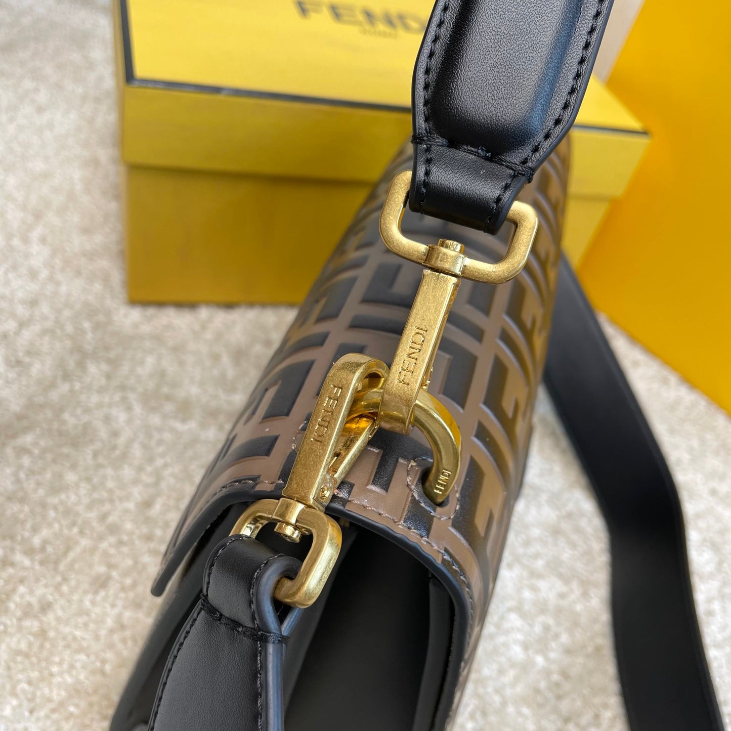 Fendi Kan I Shoulder Bag FF Logo Black Leather Handbag