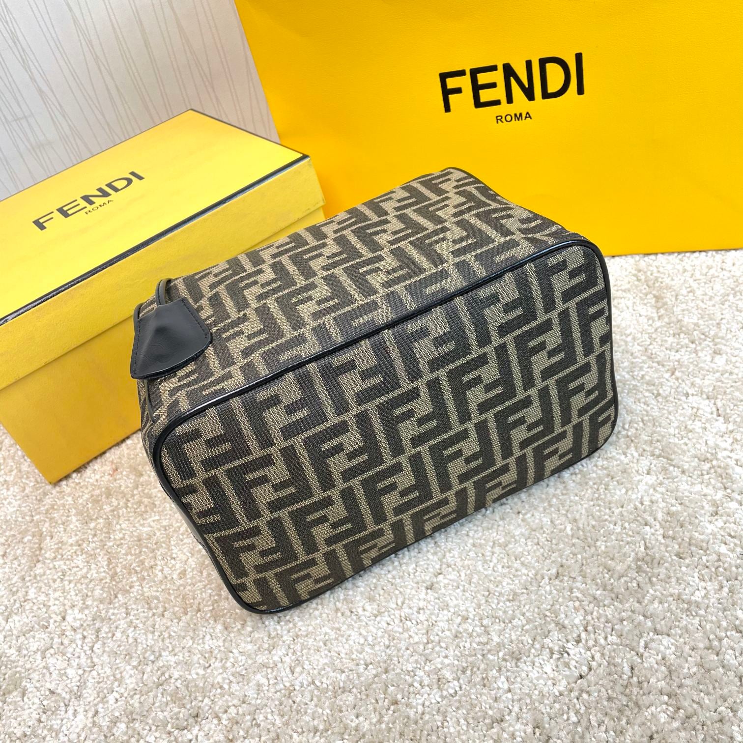 Fendi Small By The Way Boston Bag - Brown FF Monogram Canvas with Black Leather Trim