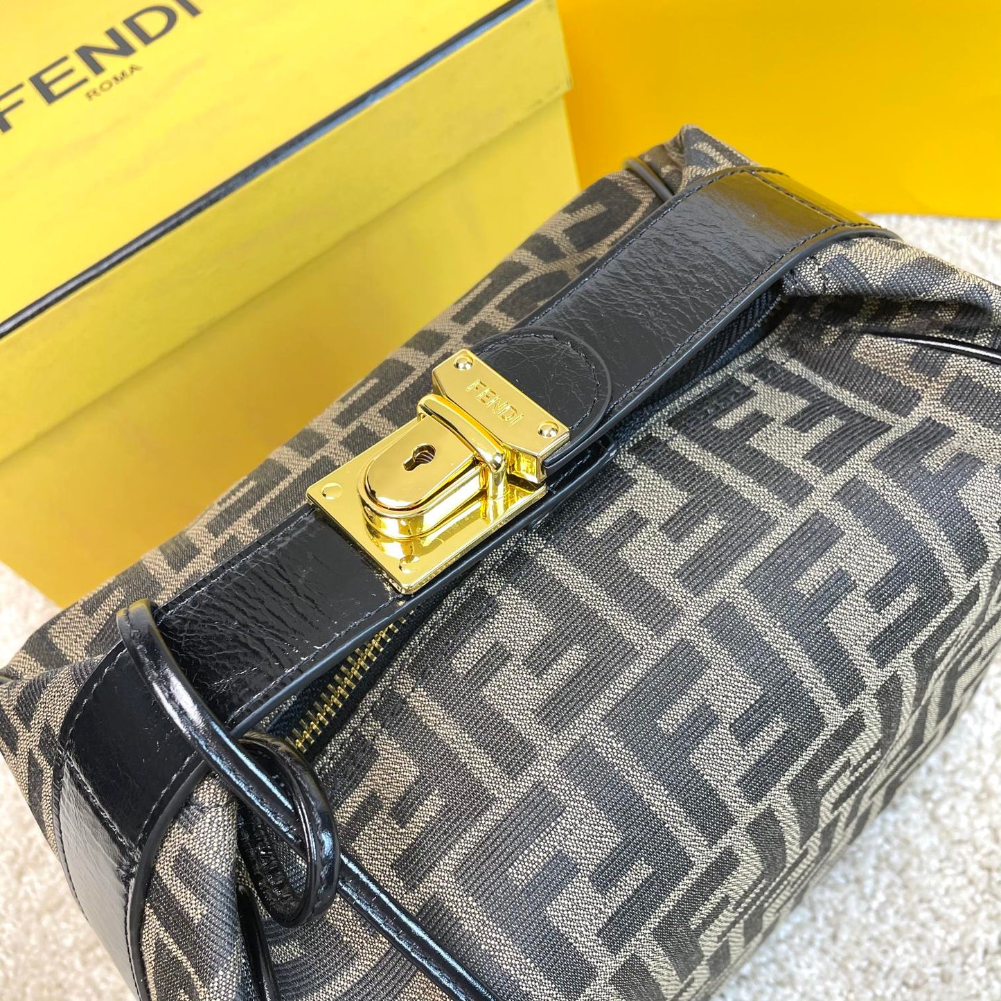Fendi Small By The Way Boston Bag - Brown FF Monogram Canvas with Black Leather Trim