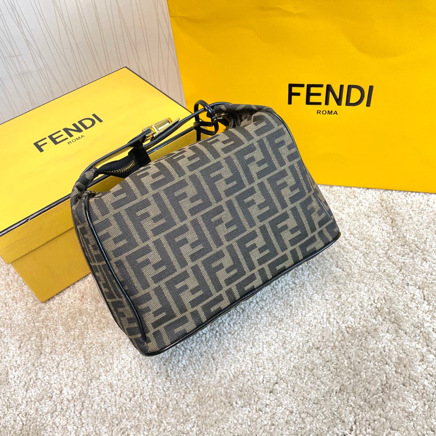 Fendi Small By The Way Boston Bag - Brown FF Monogram Canvas with Black Leather Trim