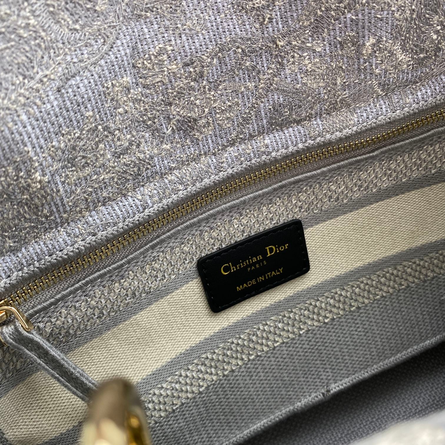 Dior Elegant Grey Toile de Jouy Embroidered Canvas Top Handle Bag