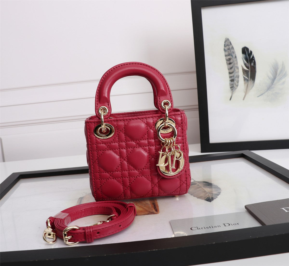 Dior Classic Red Quilted Leather Mini Top Handle Handbag with Strap