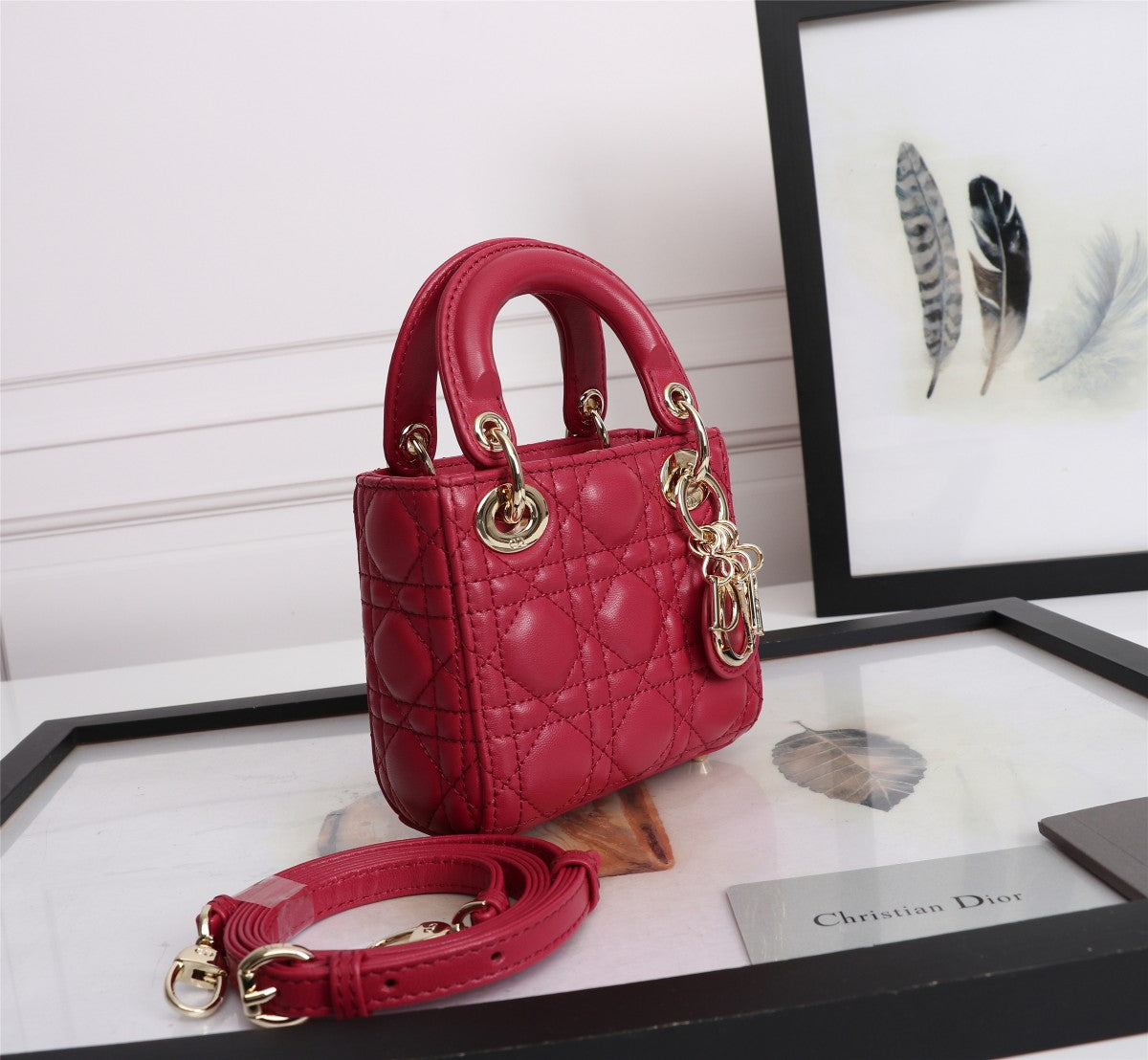 Dior Classic Red Quilted Leather Mini Top Handle Bag with Shoulder Strap